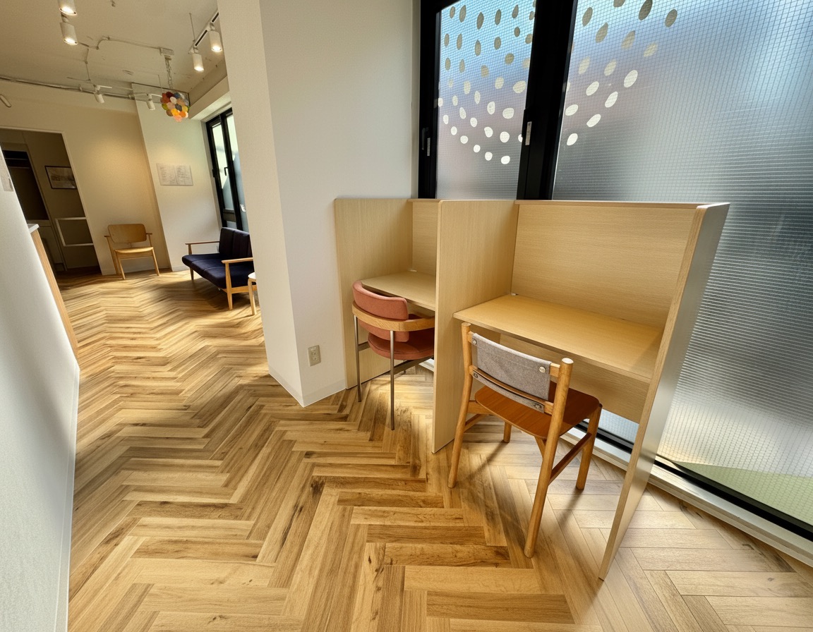 窓際のカウンター席と待合スペース